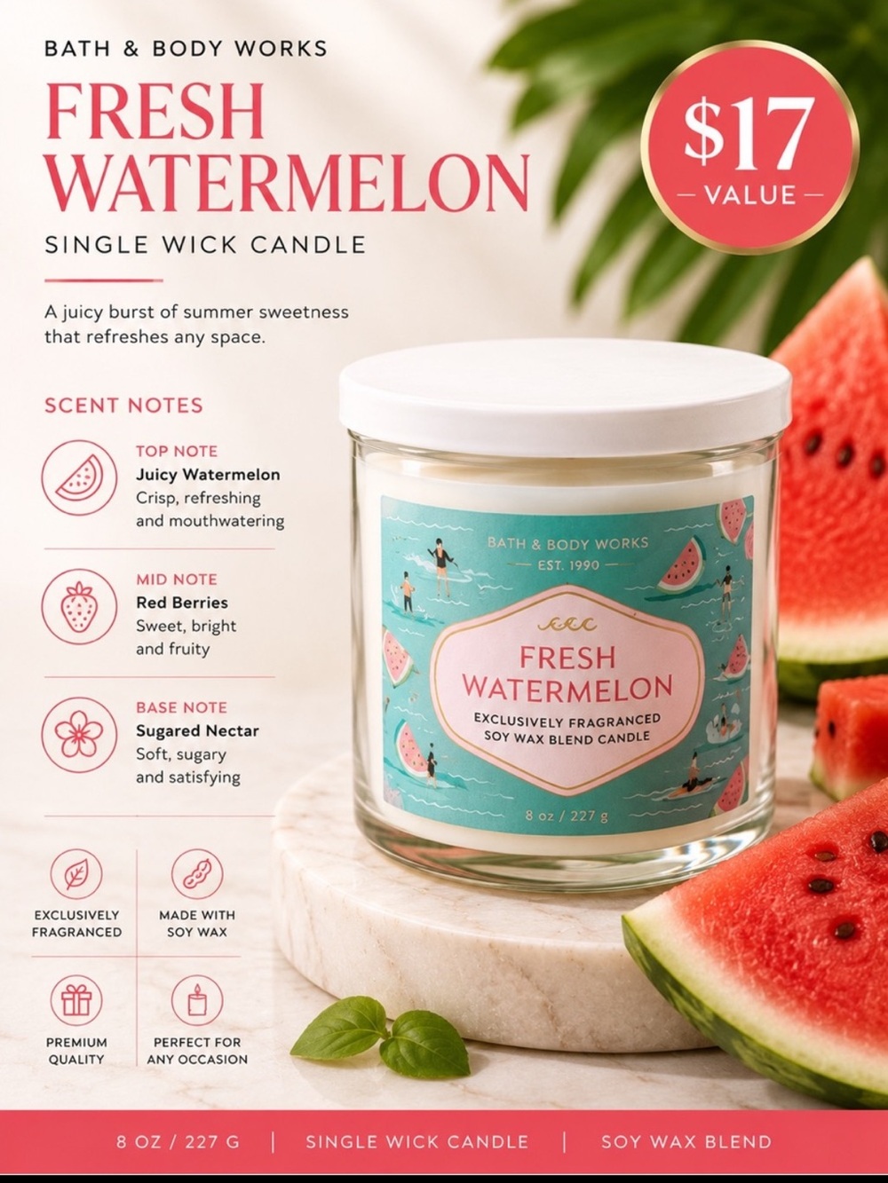 Bath & Body Works Fresh Watermelon Single Wick Candle